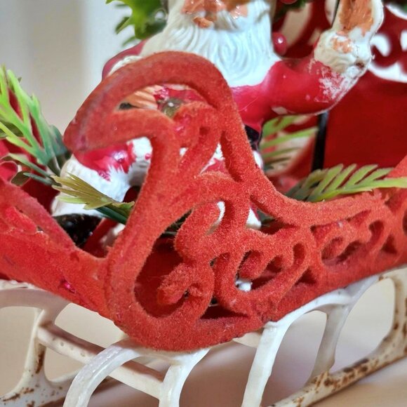 Vintage Flocked Santa Sleigh Centerpiece | 1950s Christmas Decor | Plastic Santa - Picture 2 of 5